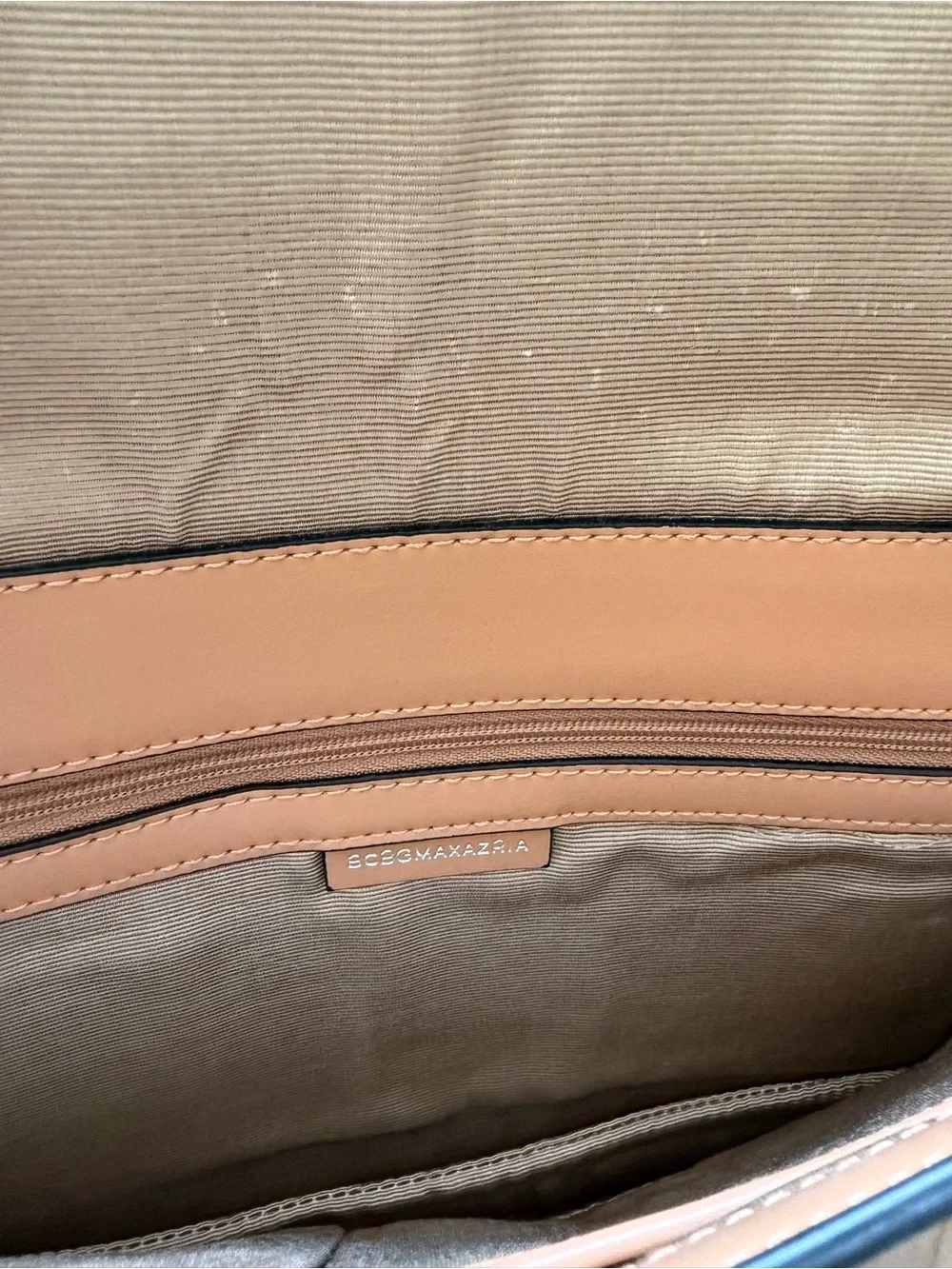 BCBGMaxAzria Nude Tan Envelope Clutch with Metal Accents
